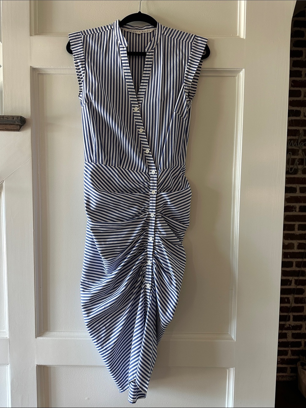 Veronica Beard Navy and White Ruched Stripe Midi Dress